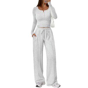 Rayon Spandex Lounge Set Wide Leg Pants Crop Top Travel Outfit